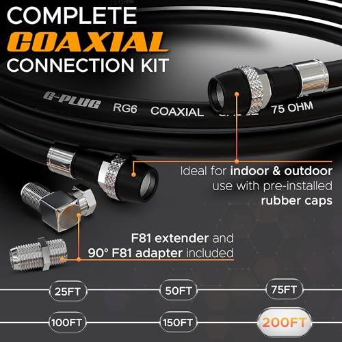 Image of G-PLUG RG6 Coaxial Cable 200FT - Triple Shielded, Waterproof, 75 Ohm with F-Type Connectors, High-Performance for HDTV, Satellite, Internet, Indoor /Outdoor Use