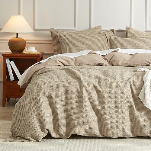 SE SOFTEXLY Waffle Duvet Cover Queen, 100% Cotton Waffle Weave Bedding Duvet Cover Set, Soft and Breathable Comforter Cover for All Season, 3 Pieces Including Pillow Shams(Khaki, 90”x90”)