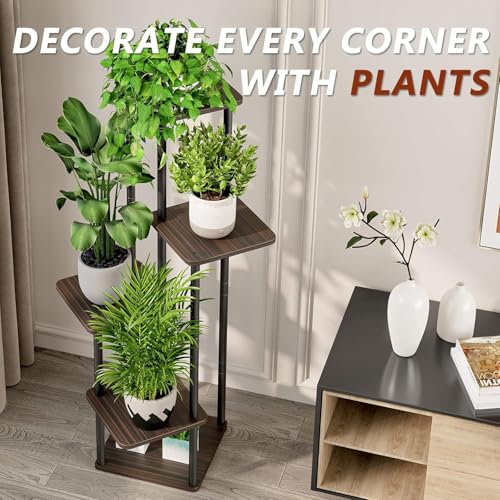 Image of JD FRESH 5 Tier Plant Stand /Metal & Premium Wood Flower Pot Stand for Multiple Plants Corner /Waterproof and Stable Tall Flower Holder for Indoor Living Room, Balcony and Garden Area (Black Oak)