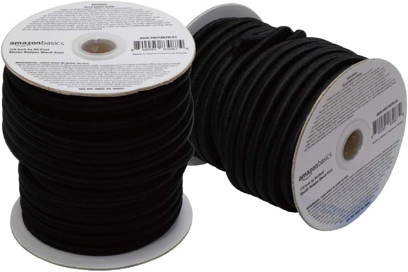 Amazon Basics 1/4-Inch by 50-Feet Elastic Bungee Shock Cord, Black, 2-Pack