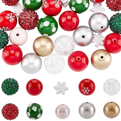 SUNNYCLUE 1 Box 50Pcs 10 Styles 20mm Christmas Bead Set Large Acrylic Bead Bulk Snowflake Loose Bead Mini Round White Red Winter Xmas Holiday Spacer Bead for jewellery Making Charms DIY Necklace Adult