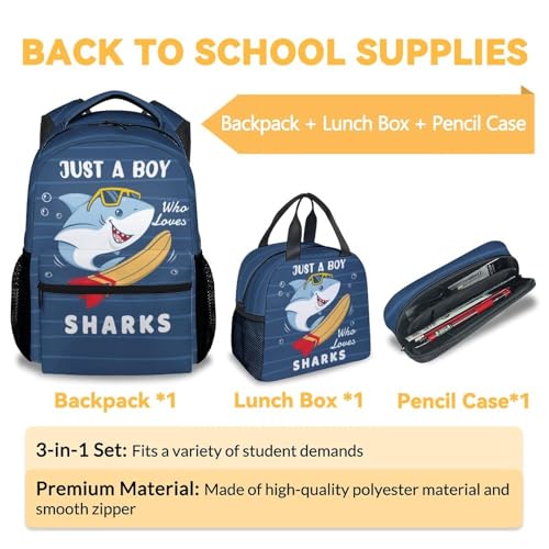 Shark Boys Backpack with Lunch Box Set, 3 in 1 School Backpacks Matching Combo, Cute Blue Bookbag and Pencil Case Bundle3