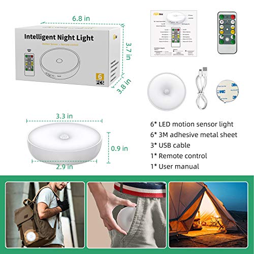 LED-Closet-Lights-Wireless-Motion-Sensor-Puck-Light-Newest-Version-USB-Rechargeable-Dimmer-Step-Light-with-Remote-Night-Safe-Lighting-for-Under-Cabinet-Counter-Kitchen-Hallway-Stairs-6-Pack