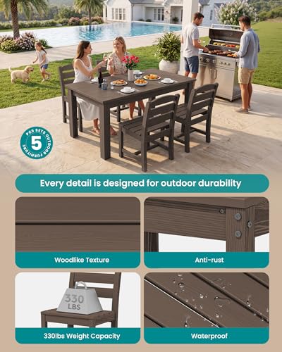 Image of SERWALL 59 inch Patio Dining Set for 4, w / 1 Table & 4 Armless Chairs, Coffee | Armless Patio Dining Sets for All Weather Use