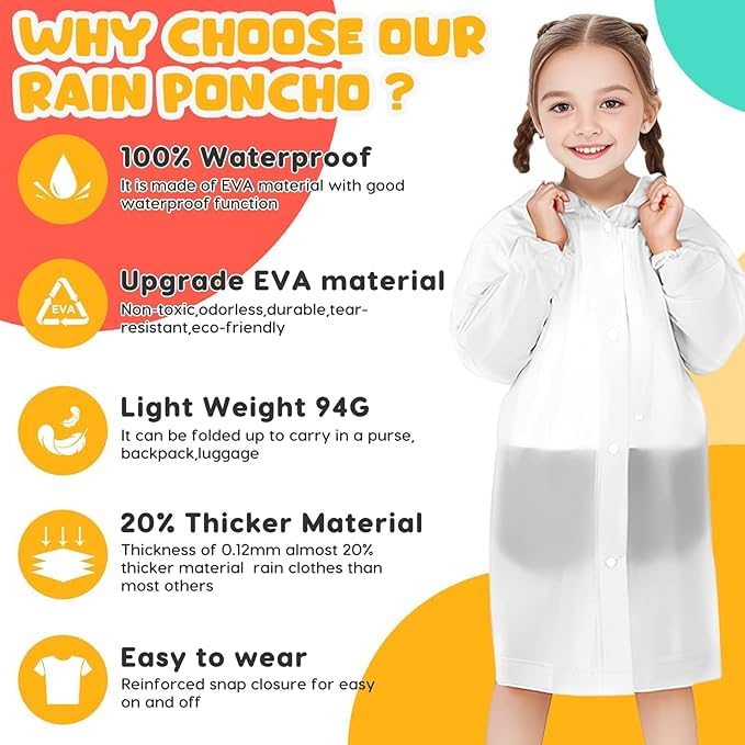 Image of BFONS 2-3 Pack Rain Ponchos for Kids, Reusable Raincoats for Boys Girls with Hood and Sleeves, Waterproof Rain Jackets