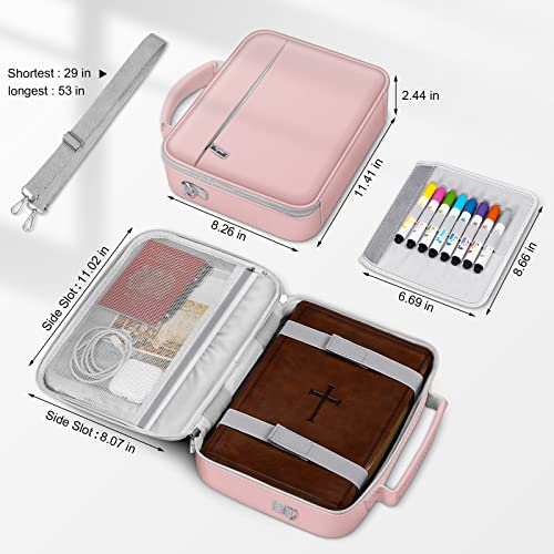 FINPAC Large Bible Cover w/Shoulder Strap, Carrying Book Case Church Bag Bible Protective w/Pen Slots and Zippered Pocket, Gift for Women Lady, Light Pink