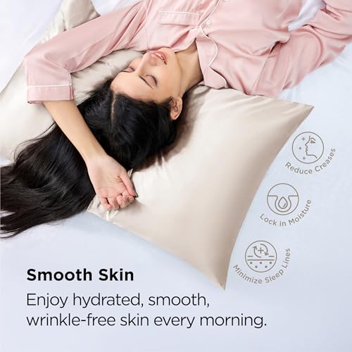 Image of Bedsure Satin Pillowcase with Zipper, King Size Satin Pillow Cases Set of 2, Similar to Silk Pillow Cases 2 Pack, Silky & Soft Pillow Cover for Hair and Skin, Gifts for Women Men, Beige, 20x36 Inches