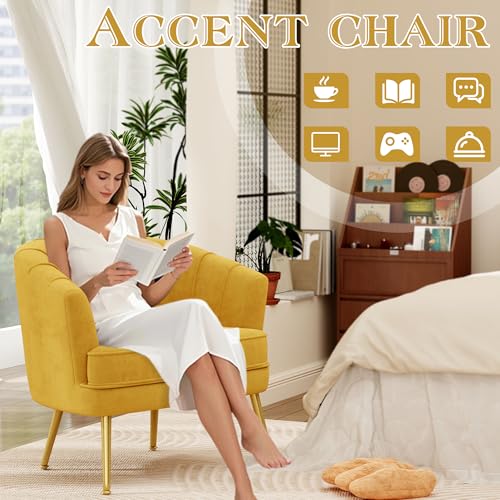 Image of Andeworld Velvet Accent Chair, Barrel Armchair, Yellow | Velvet Upholstery, Golden Metal Legs, Comfy Barrel Back, Modern Style, Living Room Bedroom Office