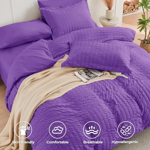 Image of HYMOKEGE Bright Purple Full Size Comforter Sets Seersucker 7 Pieces, All Season Luxury Bed in a Bag for Bedroom, Bedding Set with Comforter, Sheets, Pillowcases & Shams