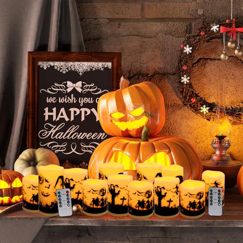 Image of 12-Pack Waterproof Flameless LED Candles - Remote Control & Timer, Dimmable Flickering for Halloween Decor Indoor /Outdoor, Haunted House, Party, Graveyard