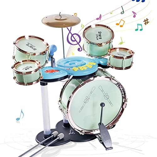 Soft Microphone Compatible with MP3 Music Player – Children’s Educational Instrument Toy Set Rock Jazz Drum Set Percussion Instrument Music Enlightenment Education Toy (Green)