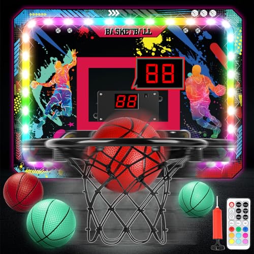 Cheffery Canasta Baloncesto Móvil Infantil, Mini Canasta Baloncesto Habitacion Interior de Pared con Marcador Electrónico, Bolas Luminosa y Bomba de Aire, 10 Colores LED para Niños Niñas