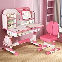 tekrabea Childrens Desk and Chair Sets with Golden Distance Design, Height Adjustable Kids Desks and Chair Set for Boys and Girls, Kids Desk Set with Writing Board, Bookshelf and Drawer, Pink
