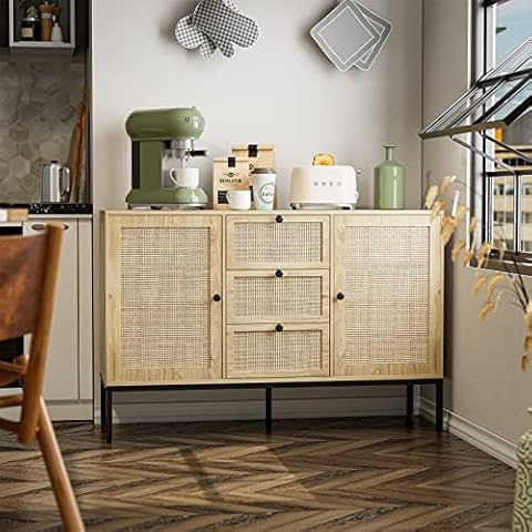 JOINATRE Rattan Storage Cabinet with Doors and Shelves for Kitchen 47.2In Boho Rattan Buffet Cabinet with Storage Coffee Bar Cabinet for Hallway Entry Dining Room Living Room Cover