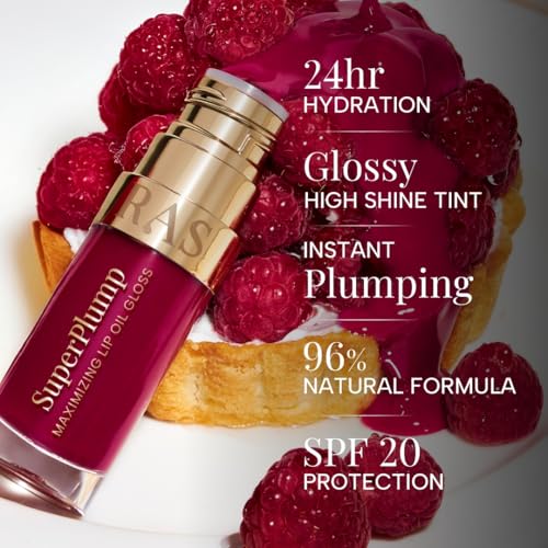 Image of RAS Luxury Oils Hydrating 4-in-1 Super Plump Lip Oil Gloss, Balm, Plumper & Gloss with SPF 20 | Enriched with Natural Oils, Peptides & Hyaluronic Acid - Raspberry Glow