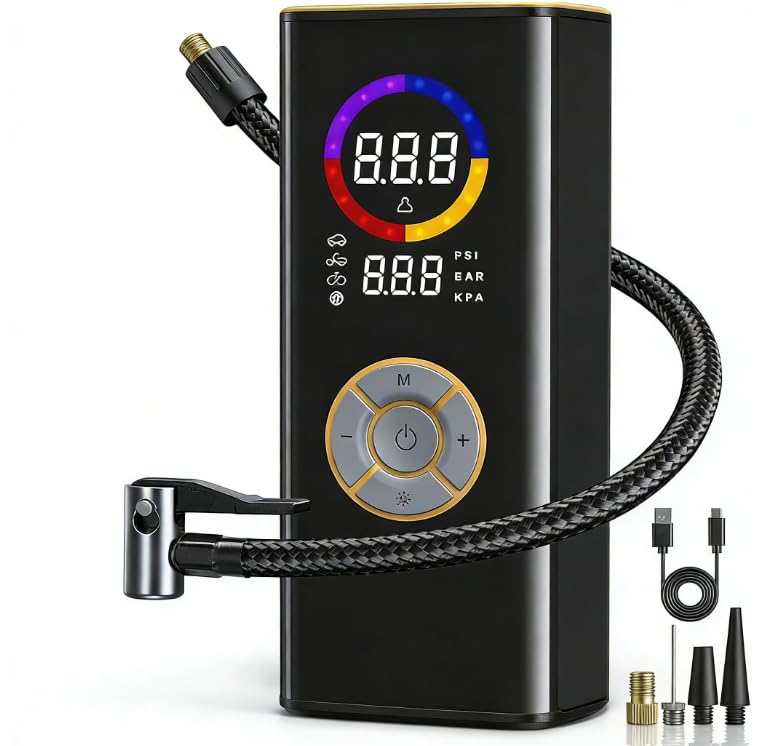 Image of Tire Inflator Portable Air Compressor, 150PSI Air Pump for Car Tires with LED Light, Cordless Tire Pump with Digital Pressure Gauge, Tire Inflator for Car, Bike, Motorcycle, Ball (Orange)