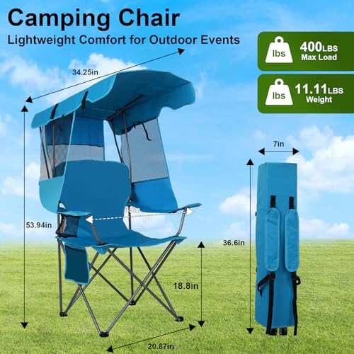 Image of Romswi Large Folding Canopy Camping Chairs for Adult 2 Pack, Portable Outdoor Chairs with Sunshade,Cup Holder & Side Pocket for Camping, Fishing, Beach, Backyard, Sea Blue