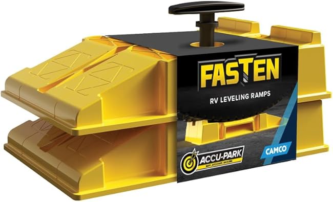 Camco Fasten Premium RV Leveling Trailer Ramps w/Convenient Handle - Nesting Design for RV Storage - Compatible w/Square Leveling Blocks - 2-Pack (44535)