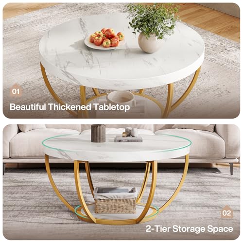 Image of Tribesigns White and Gold Round Coffee Table, 31.7 inch Living Room Table