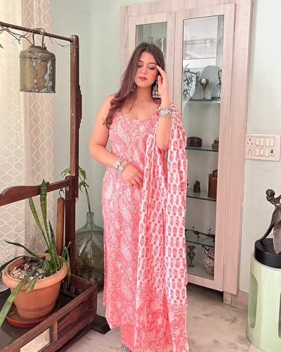 Image of Women's Cotton Anarkali Kurta Set with Dupatta | Sleeveless Printed Kurti & Palazzo Suit | Ethnic Wear for Girls & Women