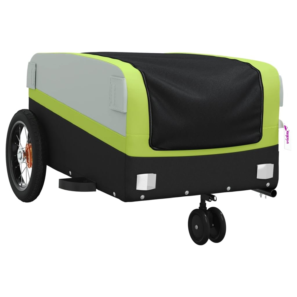 Rimorchio Bici Nero in Ferro con Portata, x 52.5x42, con Bandiera di Sicurezza, Pieghevole per Trasporto Bagaglio, Carico, Cani, Bambini, Outdoor e Quotidiano