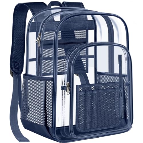 Image of PAMANO Clear Backpack Transparent Heavy Duty Bookbag See Through Bag for College Work Travel Security, Navy XL