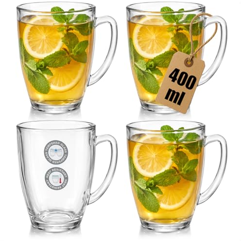 com-four® 4x Teeglas aus gehärtetem Glas - 400ml hitzebeständige Kaffeetassen - Große Trinkgläser mit Henkel für Tee, Kakao, Kaffee und Cappuccino (04 Stück - 400ml)