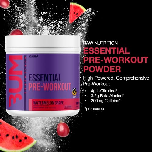 Image of RAW Essential Pre-Workout Powder (Watermelon Grape) - Chris Bumstead Sports Nutrition Supplement for Men & Women - Preworkout Energy Powder with Caffeine, L-Citrulline, L-Tyrosine & Beta Alanine Blend