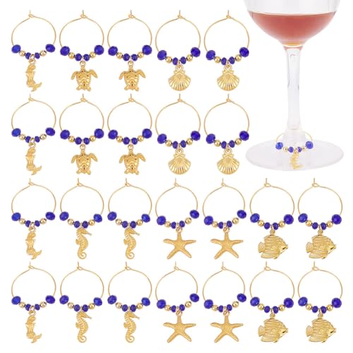 GOMAKERER 24 Pcs 6 Styles Beach Theme Wine Glass Charms, Turtle Sea Shell Wine Glass Markers Starfish Fish Drink Identifier Seahorses Mermaids Wine Charms Wine Drinker Gift for Wine Tasting Party
