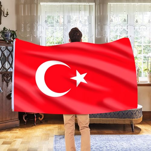 Image of AhfuLife Turkey Flag 3x5 Ft, Large Turkey National Flags for Outside - Double Side with Brass Eyelets for Olympic Party Decorations, Bar Garden Street Decoration Indoor Outdoor