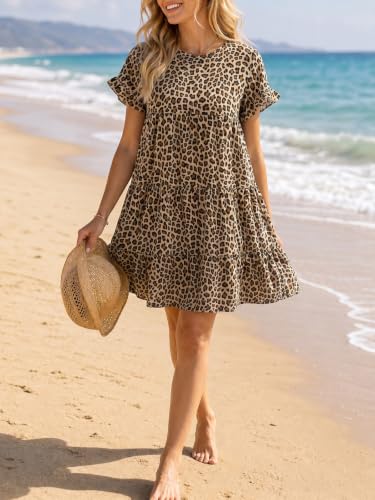 Image of Chuanqi Womens Ruffles Boho Floral Printed Babydoll Loose Swing Casual Short Mini T-Shirt Dress
