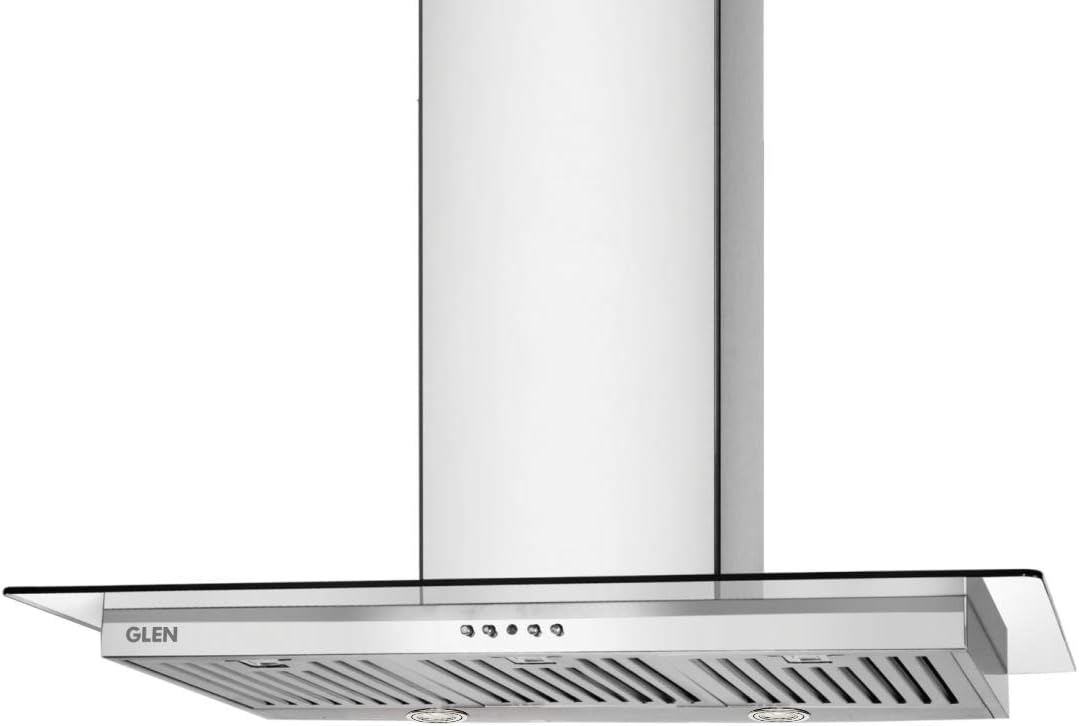 Glen 90 cm 1250m3/hr Glass Wallmounted Kitchen Chimney With 7 Year Warranty On Motor, 3 Baffle Filters Push Buttons (6062 SS, Silver)