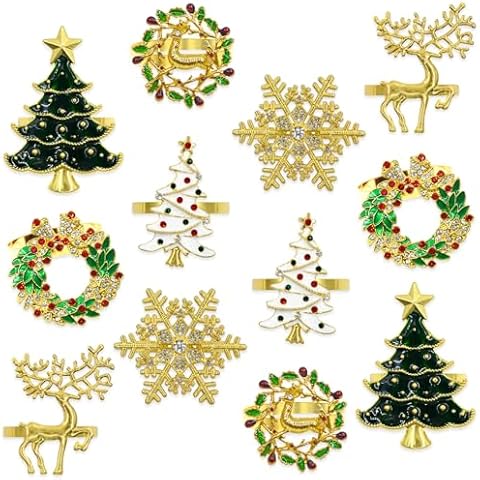 Christmas Napkin Rings, Set of 12 Xmas Napkin Rings Holders Metal Rings with Reindeer Wreath Green White Christmas Tree Snowflake for Christmas Holiday Dinner Party Home Table Dinning Decoration Cover