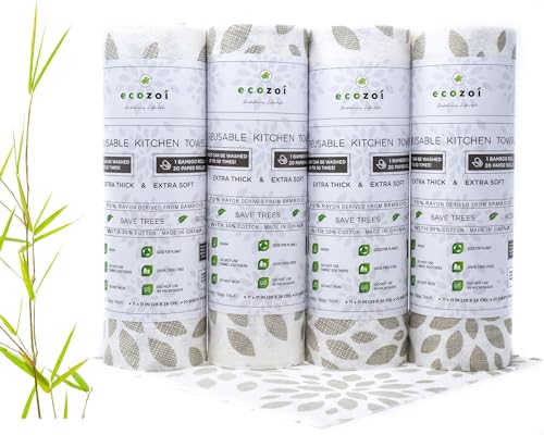 Ecozoi Bamboo Rayon Reusable Towels - 4 Pack | Equivalent to 80 Regular Rolls | 70% Rayon from Bamboo and 30% Cotton Kitchen Paper Rolls | 50 Times More Usage than Regular Paper Rolls