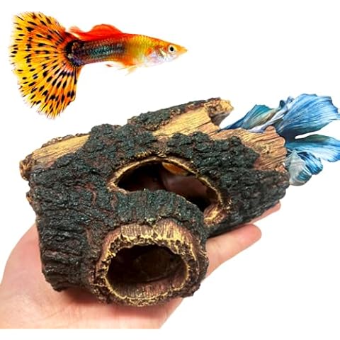 Achicklead Resin Aquarium Decorations Cave Betta Fish Tank Accessories Cave Decor for Betta Shrimp Cichlid Hiding Breeding Small Fish Bowl Hide Decoration Hideout Hollow Tree Trunk (Small(5.3inch)) Cover