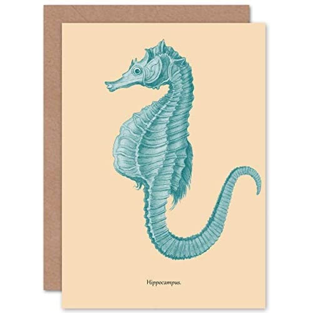 Wee Blue Coo Sea Horse Hippocampus Blue Greeting Card With Envelope Inside Premium Quality