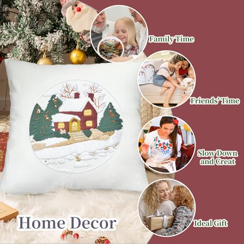 Image of FONNUY Christmas Embroidery Kit for Beginners, Throw Pillow Case Cross Stitch Set Winter Snow House Holly Tree Pattern for Adults, Hand Works Crafts Throw Pillow Cover, 18 x 18'' (Red)