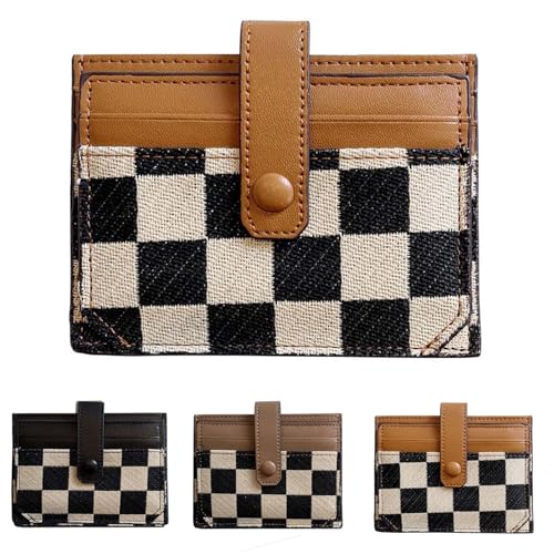 Generic Women's Brown Colorblock Plaid Pattern Compact Wallet, RFID Protected, Faux Leather, 5 Pocket, 5 Section, Casual & Versatile, Unisex, Women, Wallet, Women > Wallets