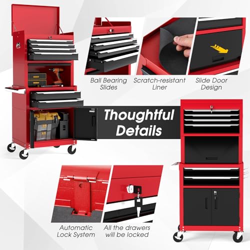 TANGZON Tool Cabinet, 2/3 in 1 Auto-Lockable Rolling Metal Tool Chest with 6 Drawers & Univeral Wheels, Heavy Duty Tool Box Organizer Cart Trolley (3 in 1, Black+Red) 7 TANGZON Tool Cabinet, 2/3 in 1 Auto-Lockable Rolling Metal Tool Chest with 6 Drawers & Univeral Wheels, Heavy Duty Tool Box Organizer Cart Trolley (3 in 1, Black+Red) - Image 7