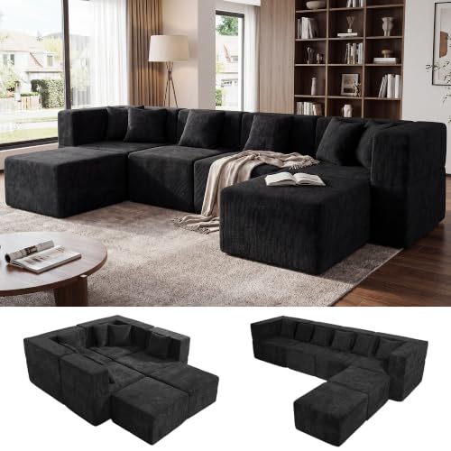 Image of MONVANE 130'' Oversized Boneless Sectional Couches for Living Room, 6-Seat U Shaped Cloud Couch, Modular Sofa with Ottoman & 6 Throw Pillows, Comfy Chenille, No Assembly Required, Black