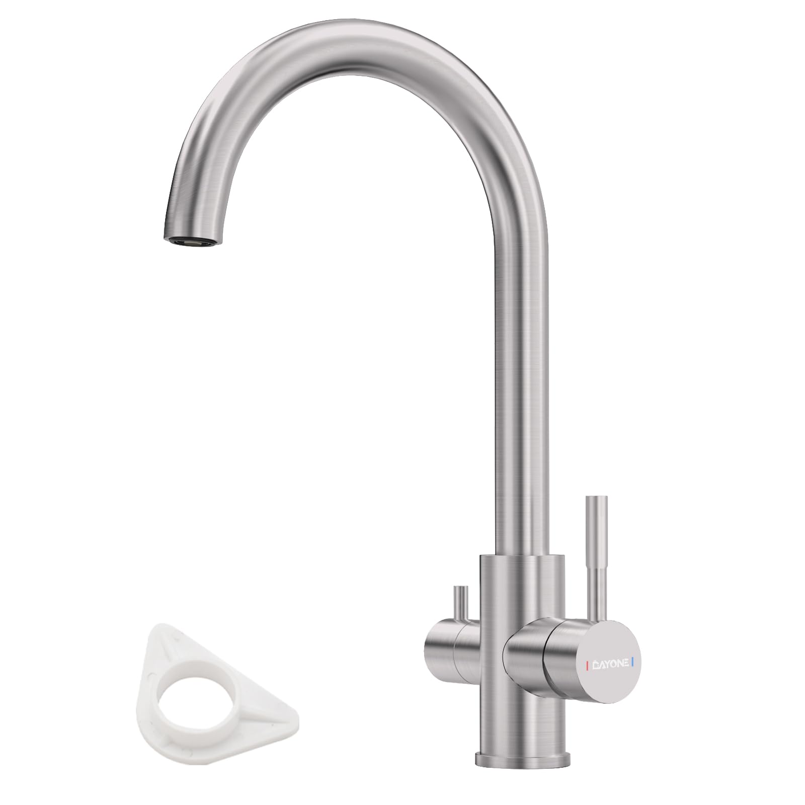 DAYONE Rubinetto da cucina a 3 vie, girevole a 360°, in acciaio inox, miscelatore da cucina per filtro dell'acqua, rubinetto potabile con 2 leve, rubinetto ad alta pressione 3 in 1, nichel spazzolato