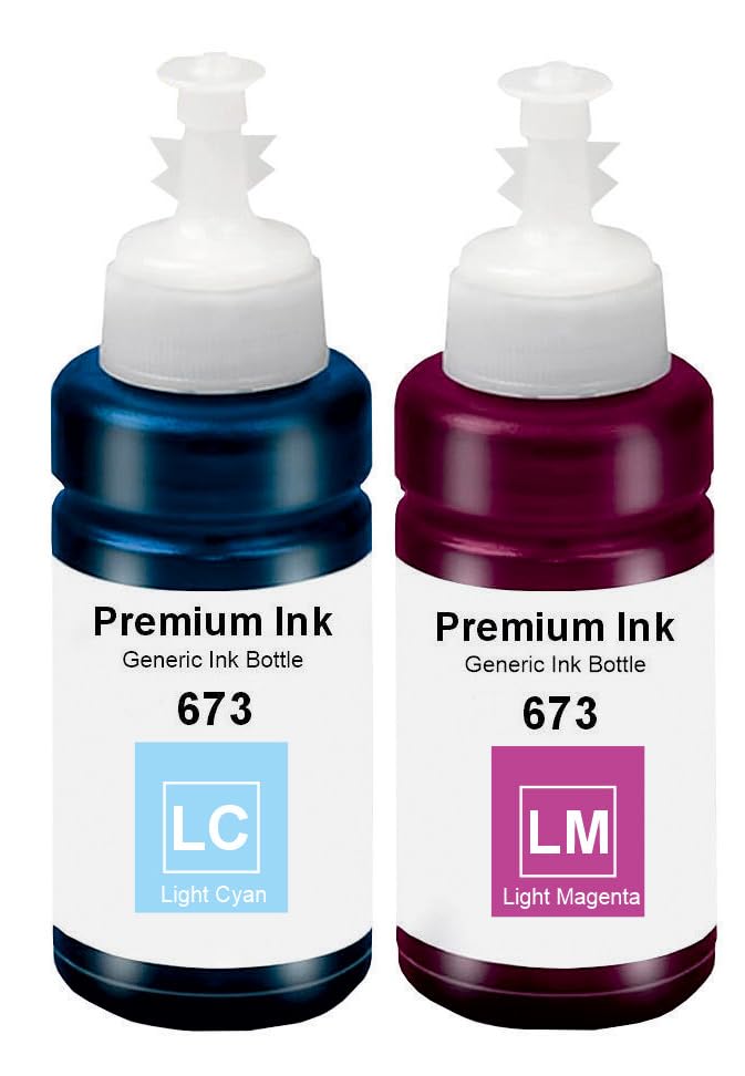 Image of KOSH T673 Refill Ink Compatible for Use in Epson L801, L805, L1800, L800, L810, L850, L1300, L605 Ink Tank Printers - 70 ML Each Bottle (2, Light Cyan Light Magenta)