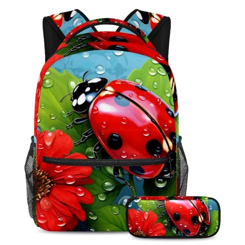 Sac à dos avec trousse à crayons ensemble cartable art rouge floral insecte 21 Large