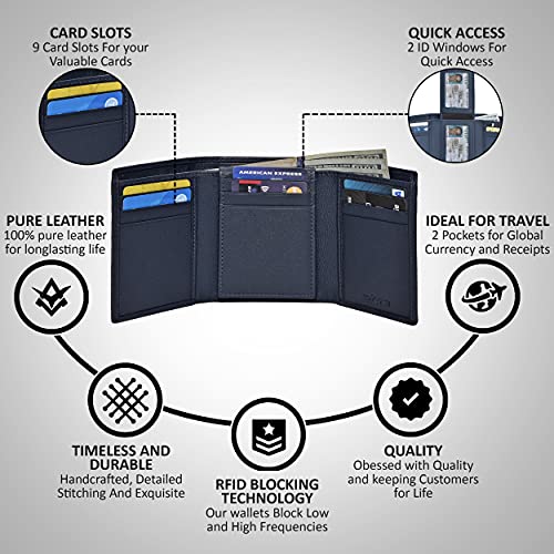 Neomonte Navy Minimalist Trifold Leather Wallets For Men Rfid 9 Cards 2 Ids Front Pocket #TOP1