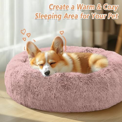 Image of JOLLYVOGUE Calming Dog Bed Medium Size Dog, 31in Donut Washable Medium Pet Bed, Anti-Slip & Anti-Anxiety Fluffy Faux Fur Round Dogs Bed, Fits up to 45 lbs Pets (Dark Pink)