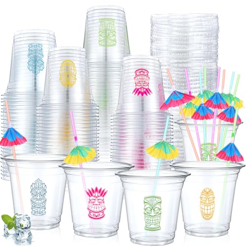 Sunnychicc 100 Pcs Tiki Plastic Cups Tropical Party Cups with Parasol Straws and Lids 12 oz Plastic Mug for Hawaiian Luau Party Supplies Summer Pool Parties Beach Theme Decorations