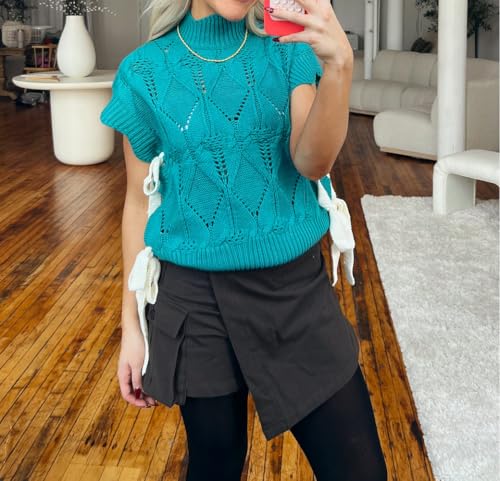 Image of Women Side Tie Sweater Vest Scallop Trim Mock Neck Knit Vest Bow Lace Up Ribbon Sweater Tank Top Knitwear