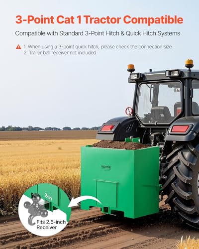 Image of VEVOR Ballast Box, 3-Point Category 1 Tractor Ballast of 800 lbs Capacity, with Standard 2 Inch Hitch Receiver, Heavy-Duty Steel 5 ft Large Volume Durable Loader Attachment with Sliding Door, Green