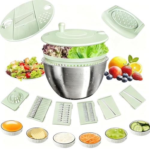 Souvik Centrifugadora de Lechuga 5L en Acero Inoxidable – Escurridor de Ensalada Grande con Tapa, Base Antideslizante, 6 Accesorios, Apta para Lavavajillas, Lavar y Escurrir Las Ensaladas