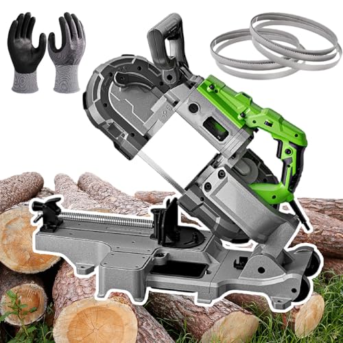 Sega a nastro portatile per il taglio di metalli, potenza 1100 W con velocità variabile della lama, include lame multiple e guanti, ideale per legno, carne congelata e barre di acciaio